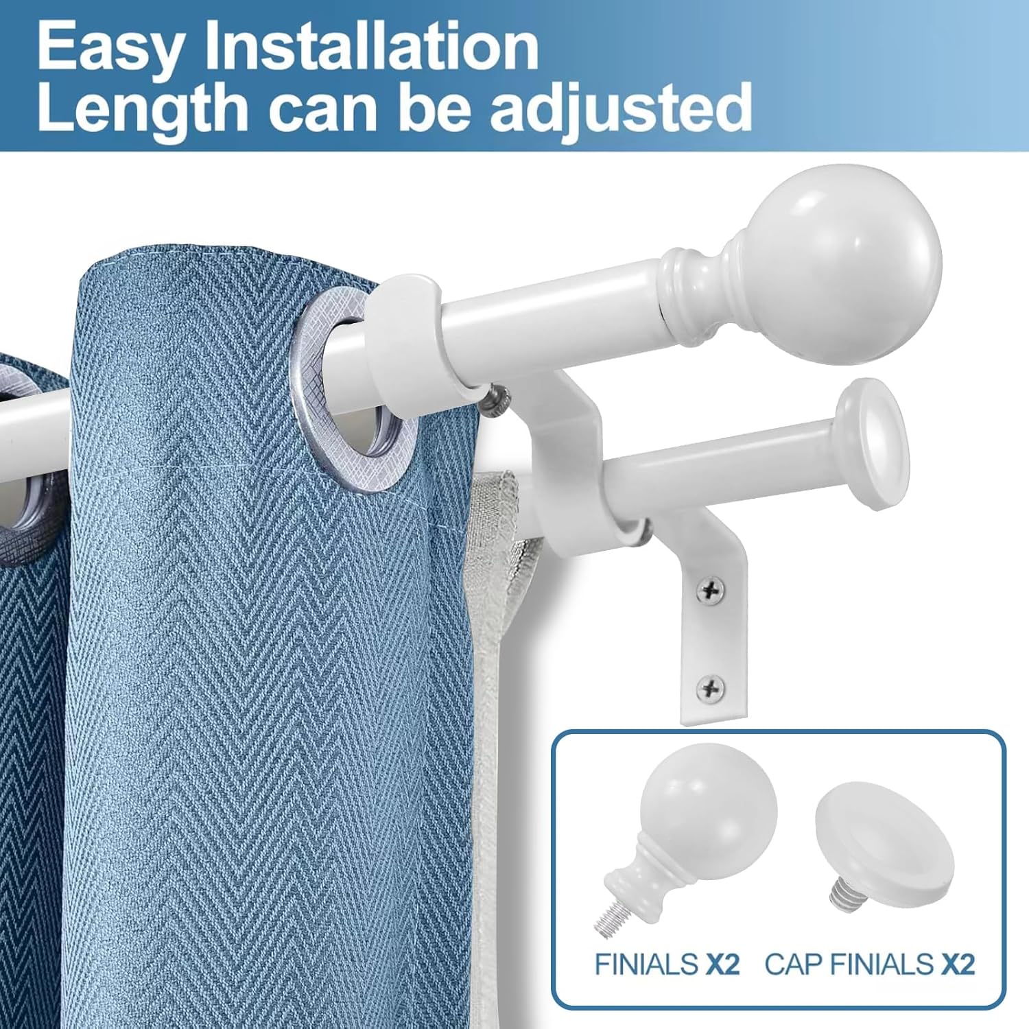 Urbanest Adjustable Double Curtain Rod Set Metal with Decorative Ball Finials, Heavy-Duty, 48"-84", Glossy White