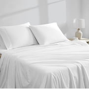 Color Sense 4-Piece 100% Cotton Percale Bed Sheet Set, Cool & Crisp Bedding, Queen, White
