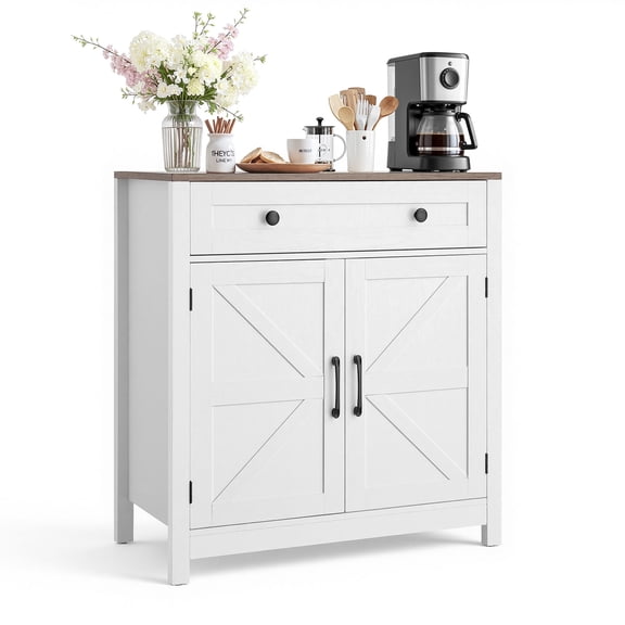 VEVOR Coffee Bar Cabinet, Farmhouse Coffee Bar Table with Drawer, Buffet Stand Cabinet with 2 Barn Door, Sideboard Buffet Station for Living Room, Entryway, Kitchen, 29.5 x 14.7 x 31.5 in, White