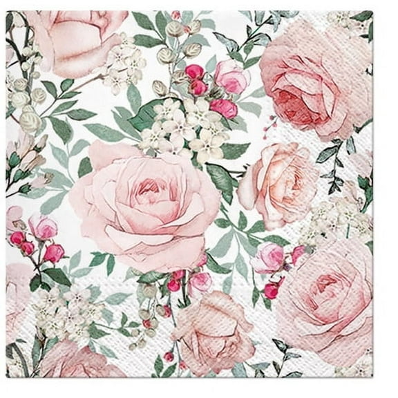Keep Unique Paper Luncheon Decoupage Napkins Design Pink Roses with White Flowers, 20/Pack