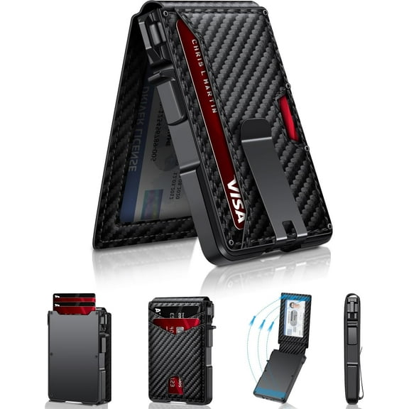 Wallet for Men, Mens Mimalist Wallet 9-13 Cards, Slim Compact Wallet with Money Clip & ID Wdow, RFID Blockg Smart Pop Up Card Wallet, Metal Alumum Credit Card Holder Bifold Wallet