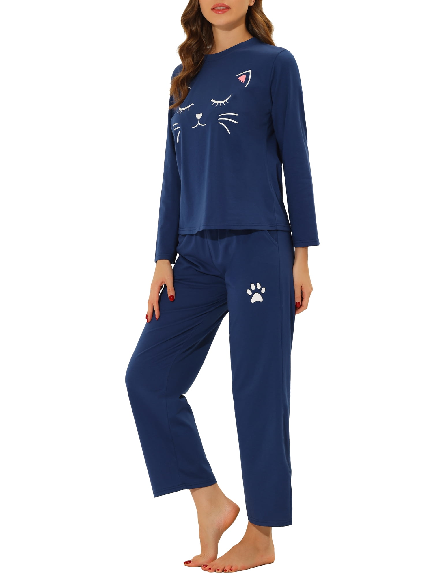 Unique Bargains Women's Pajamas Nightwear Cat Print Tops and Pants Lounge Sleepwear Sets