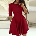 thumbnail image 2 of Baberdicy Casual Dress Women Fashion Round Neck Solid Three Quarter Sleeve Dress Party Dress Sundress Red L2, 2 of 8