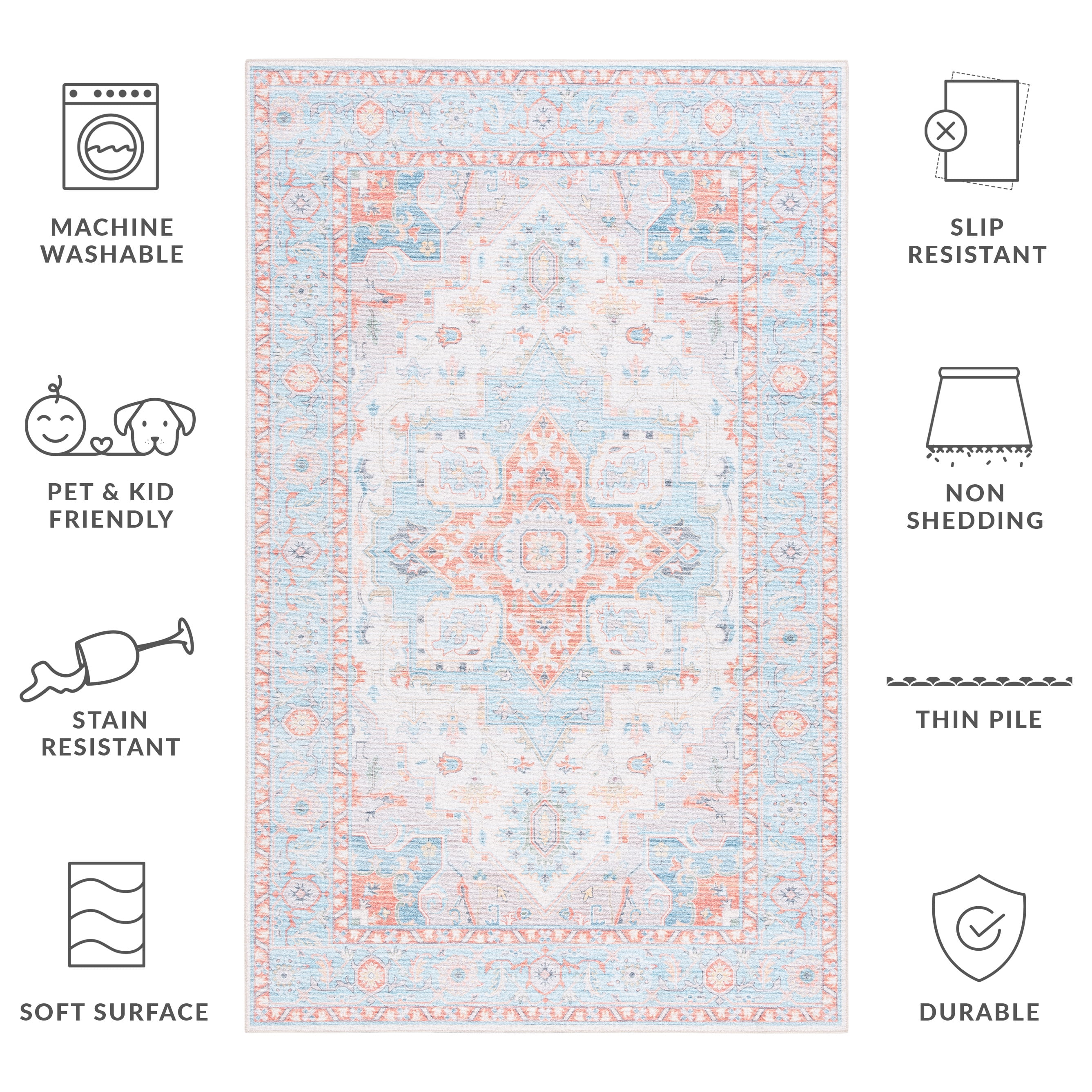 SAFAVIEH Tucson Alyx Oriental Machine Washable Area Rug, Turquoise/Rust, 6' x 6' Round
