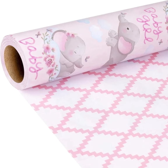 LaRibbons 17" X 33' Reversible Wrapping Paper | Pink Elephant w/ Pink Quilted