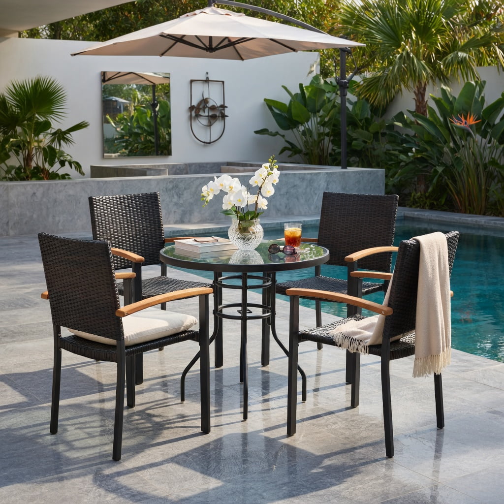 Hommoo Set of 4 Stackable Outdoor Patio Dining Chairs, PE Rattan Wicker with Powder-Coated Steel Frame & Acacia Wood Armrests, Rust-Resistant Backyard Seating, Black