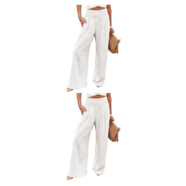 Pantalones Mujer Qarigey Casual Pierna ancha Cintura alta Blanco XL