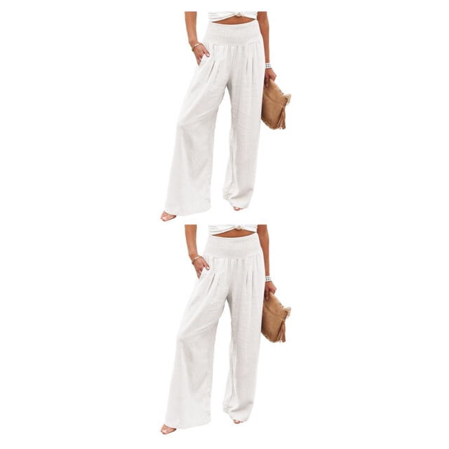 Pantalones de verano para mujer Sonducket color sólido Largo Suelto Casual Pierna ancha cintura alta Elástico Blanco XXL 2piezas