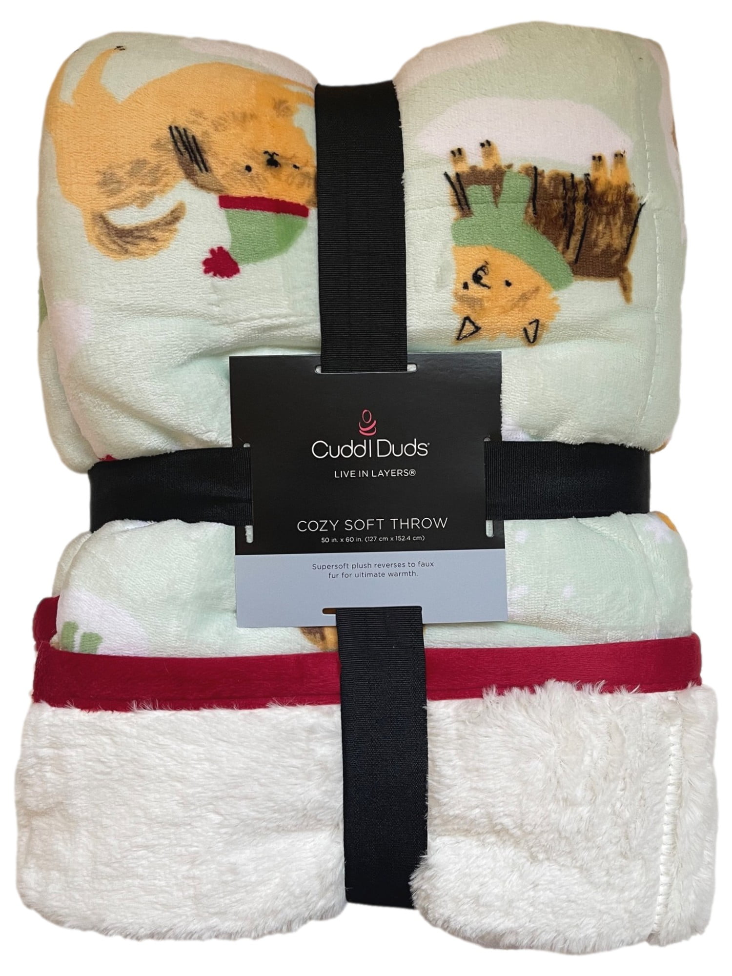 Cuddle Duds Green Puppy Dog Faux Fur & Microplush Fleece Throw Blanket, 50x60
