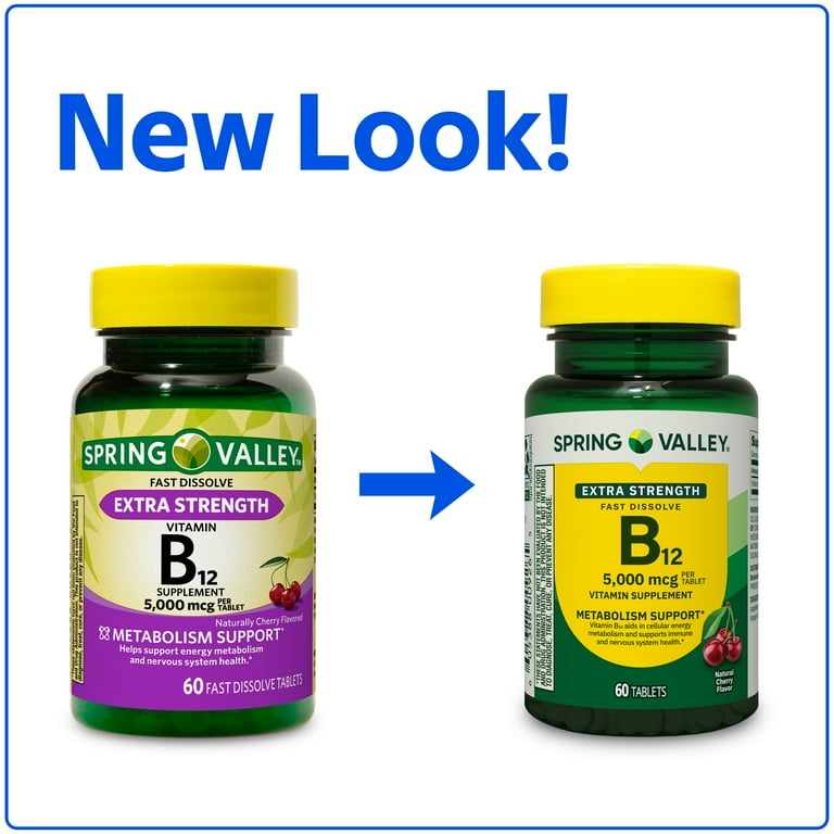 Spring Valley Extra Strength Vitamin B12, Cherry, 5000 mcg, 60 Count,  Supplement Fast Dissolve Tablets for Metabolism Support