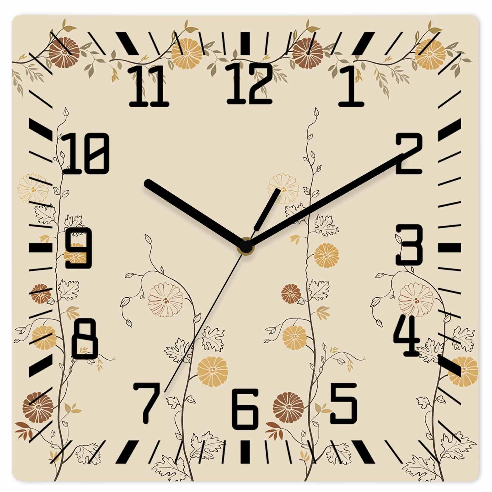 Wall Clock Japanese Style Flowers Operated Square Clocks Wooden Silent Non-Ticking Wallclock 12 Inch Branch Solid Color Beige Wood Wall Clock for Living Room Bedroom Office Shool Home Decor