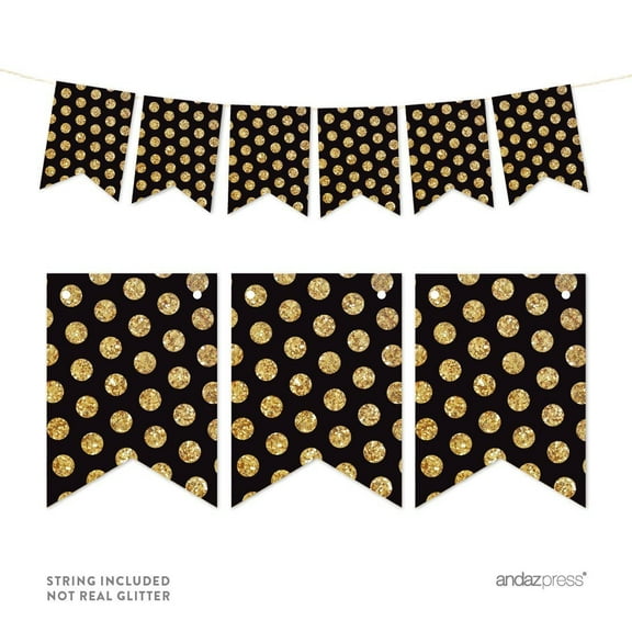 Black Pennant Party Banner Gold Glitter Polka Dots