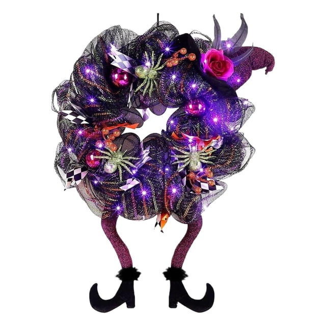 DJN Clearance Wreath 29.5 Inch Halloween Wreath with LED purple lights, witch-themed design featuring decorative spiders, glittery mesh, and vibrant accents. Includes witch hat, legs, and shoes for a whimsical Halloween wreath sign suitable for doors, porches, or windows.