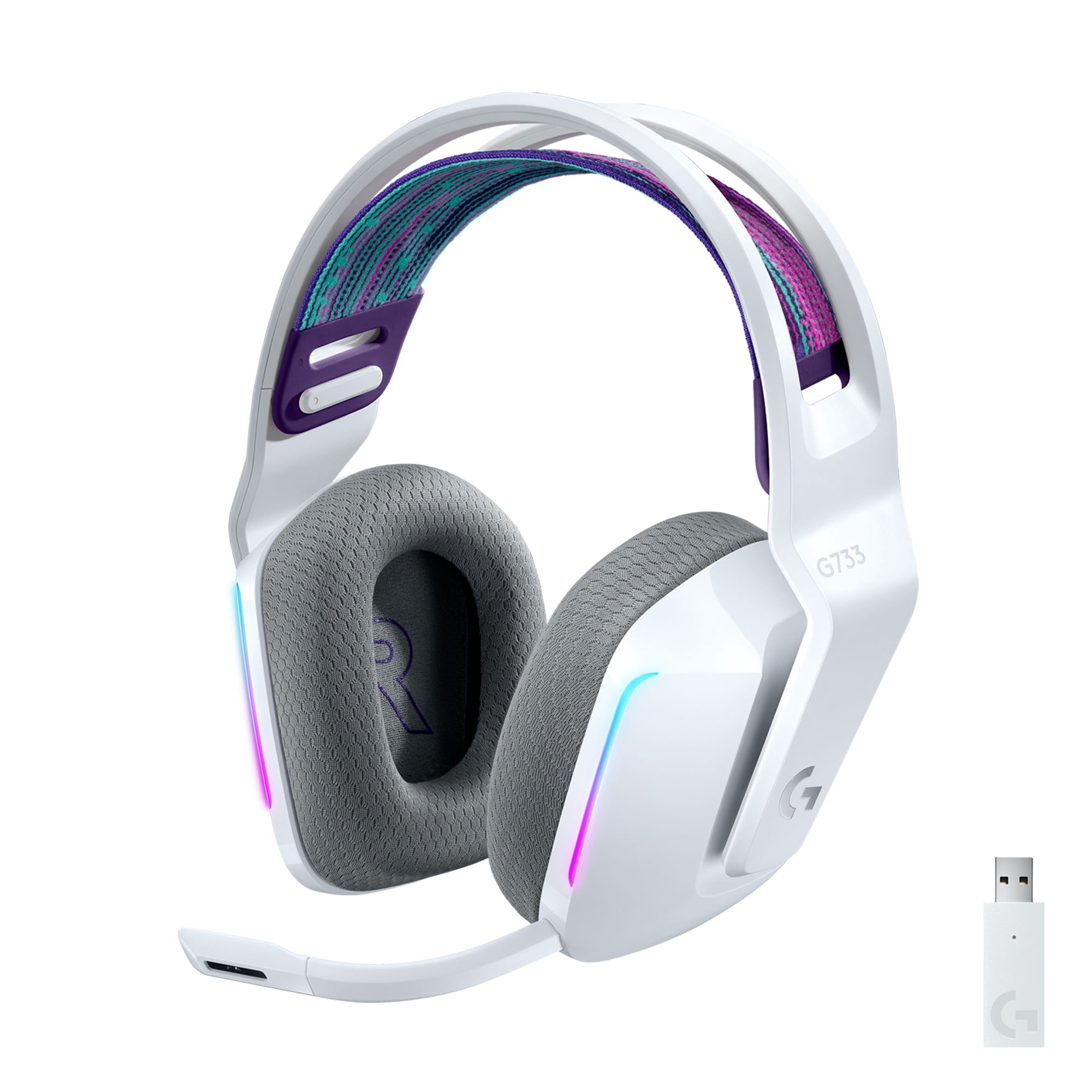 Logitech G733 LIGHTSPEED Wireless Gaming Headset with suspension headband, LIGHTSYNC RGB, Blue VO!CE mic technology and PRO-G audio drivers, White