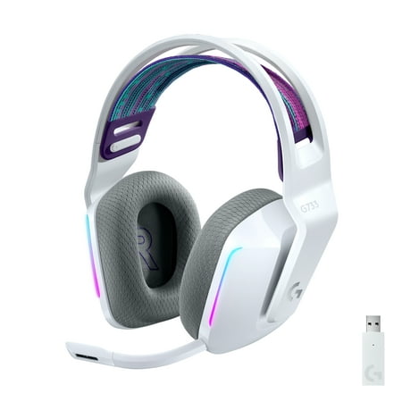 Logitech G733 LIGHTSPEED Wireless Gaming Headset with suspension headband, LIGHTSYNC RGB, Blue VO!CE mic technology and PRO-G audio drivers, White