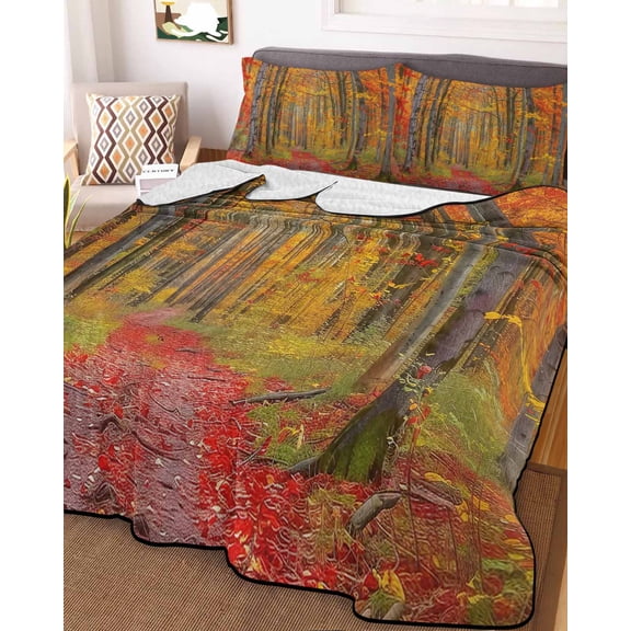Red Orange Forest Fall Full Size Down Alternative Comforter, Lightweight Comforter Quilt Bedding Set with Pillow Shams Thanksgiving Tree Maple Leaf All Seasons Bed Comforter Duvet Insert 78"x90"
