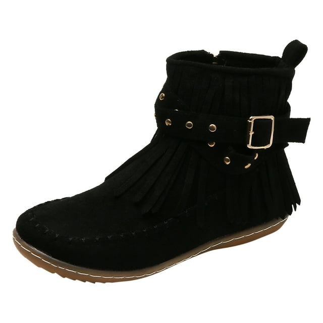 Kcodviy Bottes Épaisses Décontractées Vintage Unies pour Femmes, Bottillons à Franges Colorés, Bottes Confortables pour Femmes, Décontractées, Plates, Mi-Cylindre, Bout Rond, Grande Taille, Bottes Western pour Femmes Élégantes Boots Ankle Boot