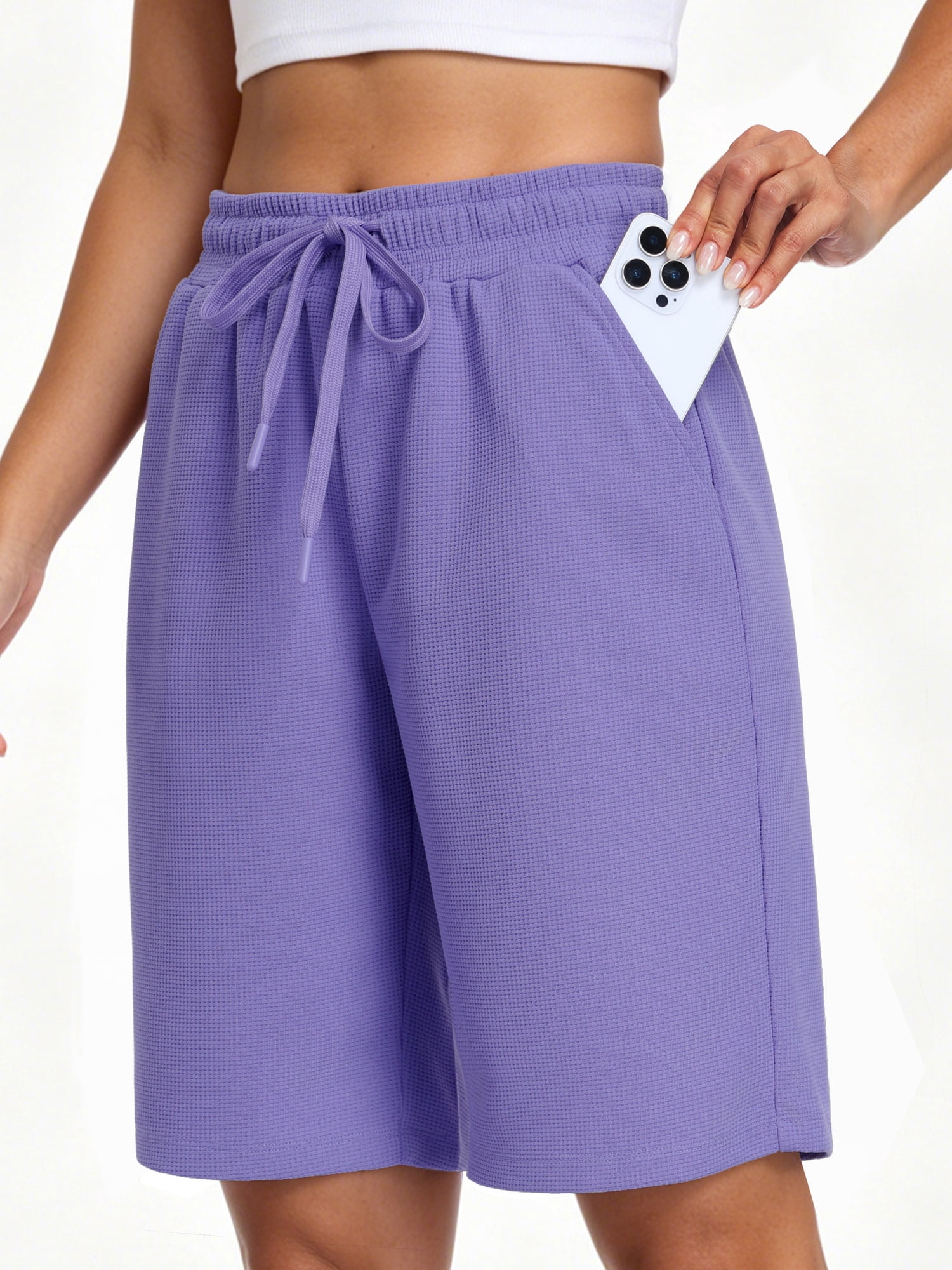NELEUS Women's 9" Bermuda Shorts Waffle Knit High Waisted Breathable Lounge Casual Shorts with Pockets,Purple,US Size L