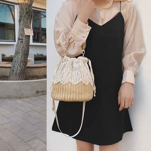 Straw Shoulder Bag Women Girls Beach Woven Handbags Bucket Holiday Beach Tote with Adjustable Straps - Leaves