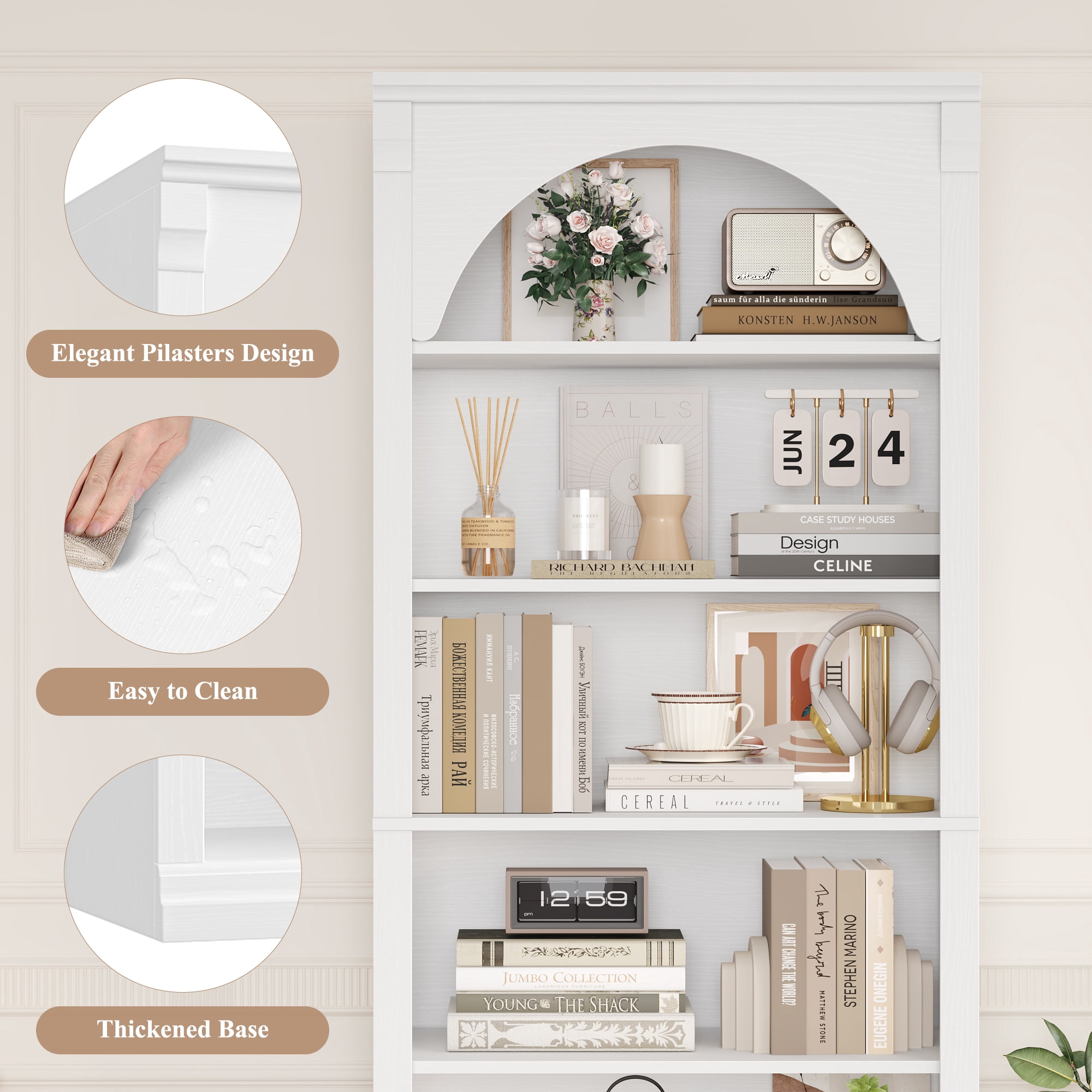 Homfa 6-Tier Bookcase with Arched Top and Pilasters, 72.8" H Accent Bookcase with Bark Grain Texture, White