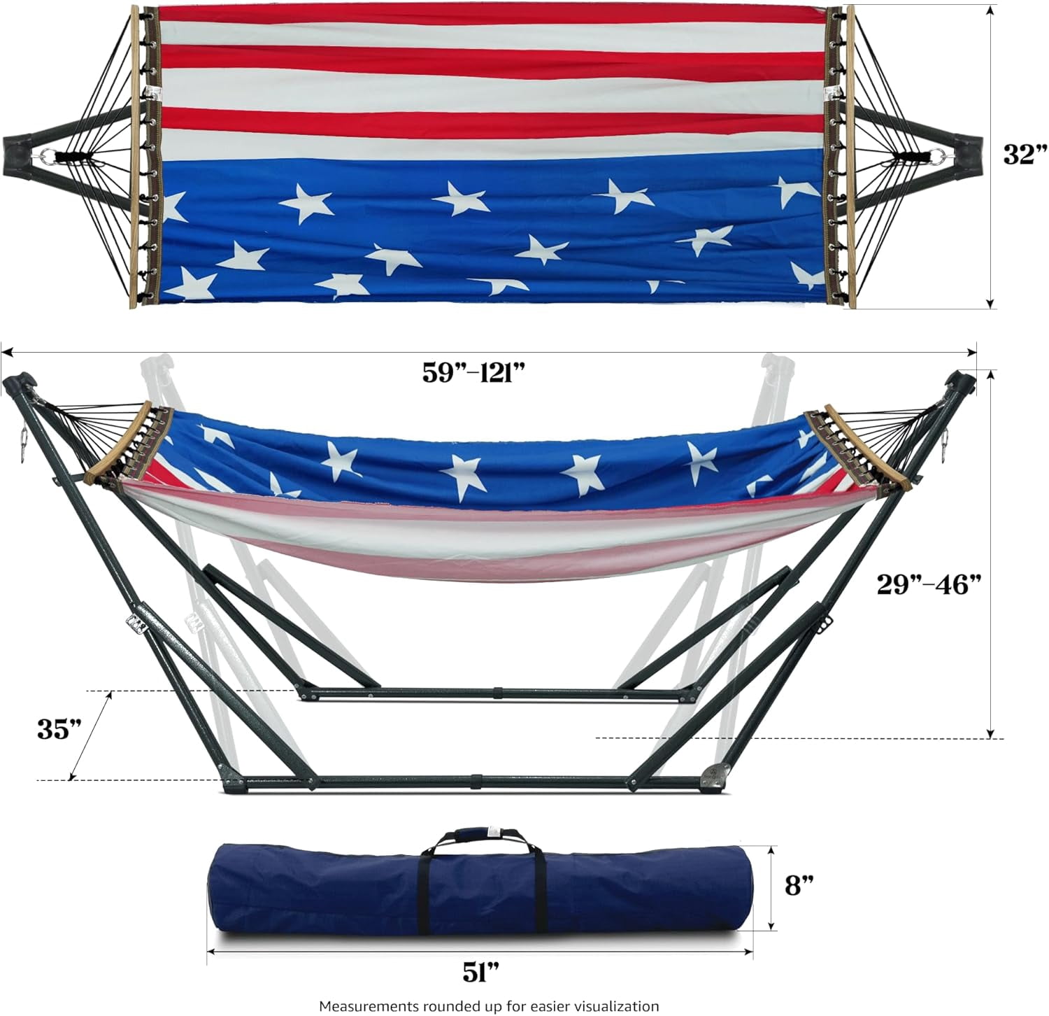 Tranquillo Universal Hammock with Stands Electro Static Coated Steel, Adjustable Foldable Hammock Stand with 2 Layered Polyester Net and Carry Bag for 2 Persons, American Flag