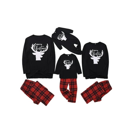 

Family Matching Christmas Pajamas Suit Letter Deer Printed Long Sleeve Tops+Plaid Long Pants