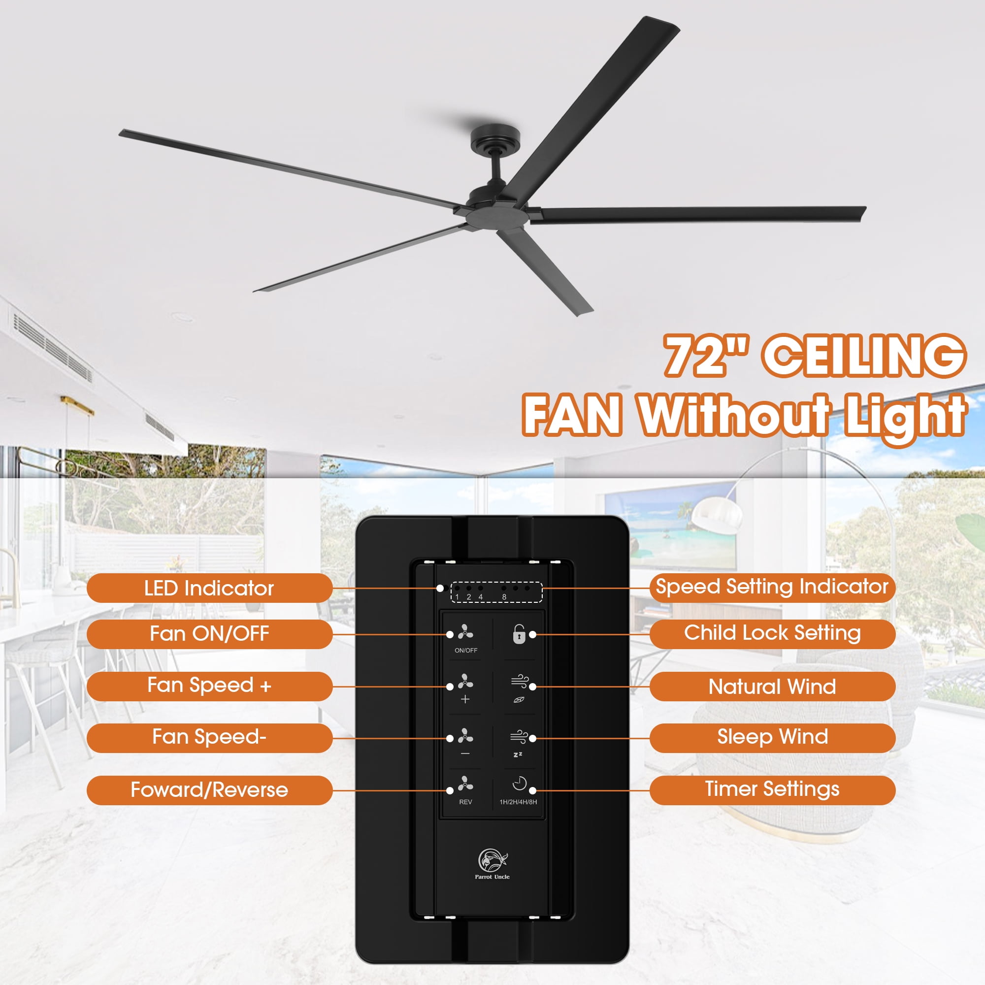 Parrot Uncle 72" Industrial Outdoor IPX4 Waterproof Black Aluminum Windmill Ceiling Fan with Remote Control, Ceiling Fan without Light
