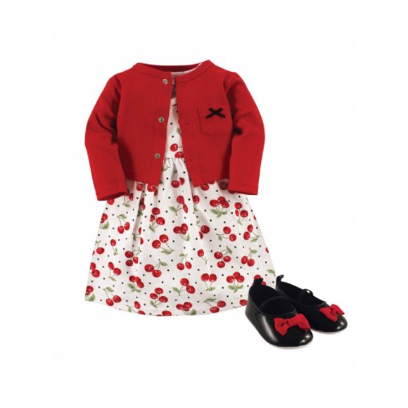 (cherries, 0-3m) - Cardigan, Dress & Shoes, 3pc Outfit Set (Baby Girls)