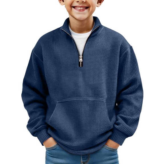 Boys Sweatshirts Quarter Zip Polo Collar Waffle Knit Long Sleeve Pullover Kids Fall Winter Clothes 3‑14 Years
