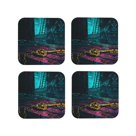 

Drink Coasters Set of 4 Lost Golden Key Leather Coasters for Coffee Table Protector Heat Resistant Cute Coasters for Home Decor Housewarming Gifts Bar Kitchen 4 Inch Square