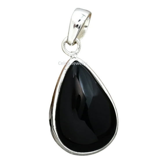 Solid 925 Sterling Silver Pendant For Men Women, Natural Black Onyx Cabochon Pear Gemstone Beautiful Handcrafted Pendant For Her Him