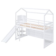Pinovk Twin Size Wood House Loft bed with Slide, Storage shelves and Light, White