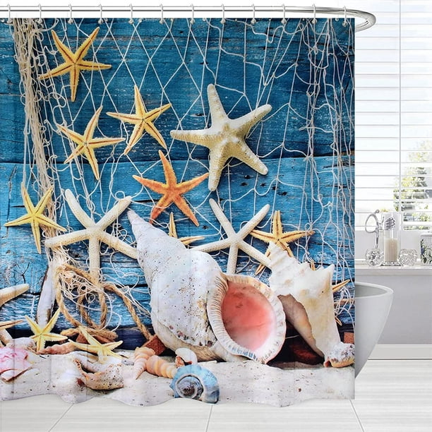 FFIY Beach Shower Curtains for Bathroom, Coastal Fishing Nets Seashells  Conch Starfish on Wooden Board Ocean Bathroom Decor, Blue Waterproof Fabric  Shower Curtain with Hooks 