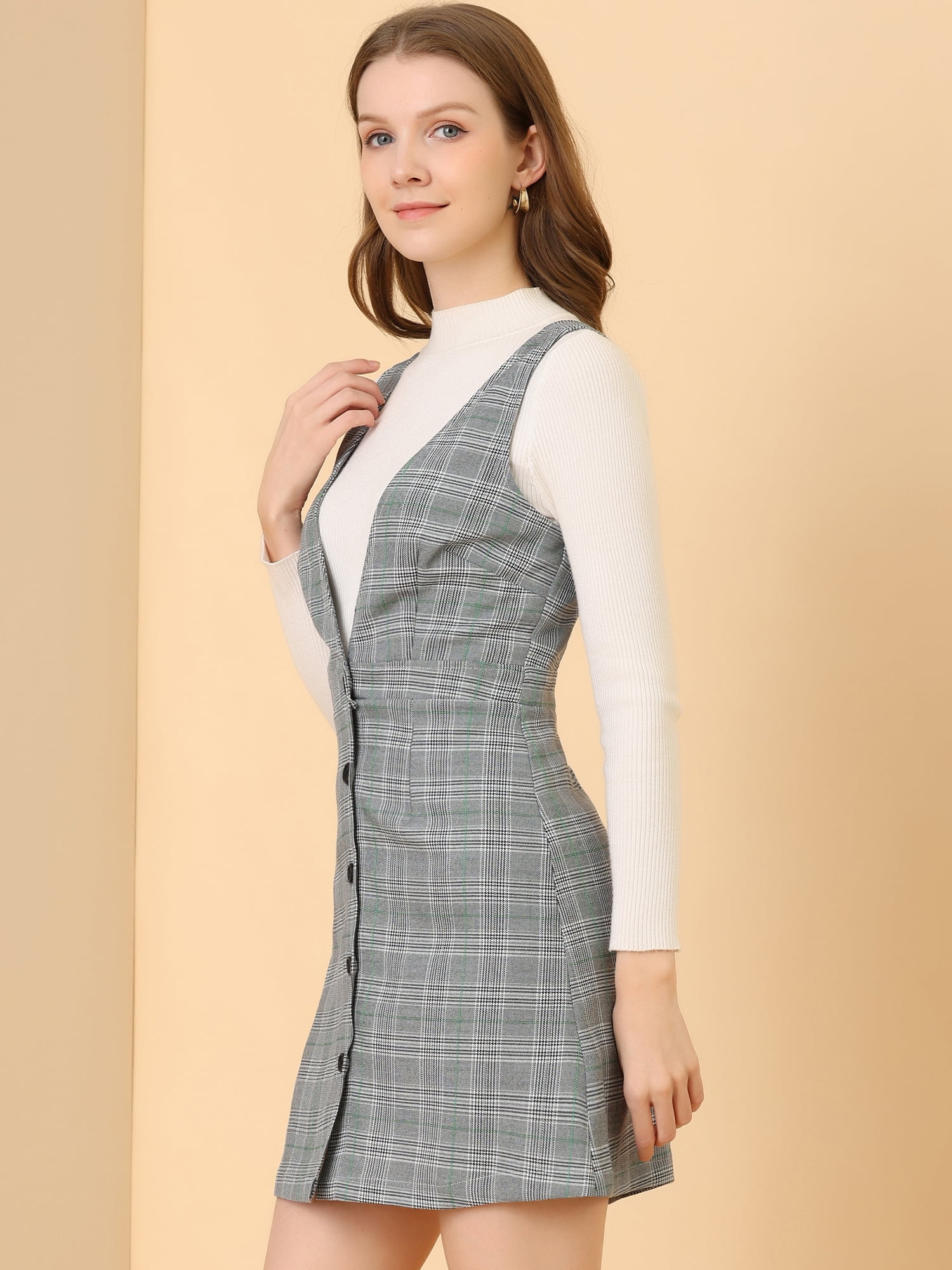 DARING DIVA Houndstooth Plaid Suspenders Pinafore Overall Dress XL Black Green