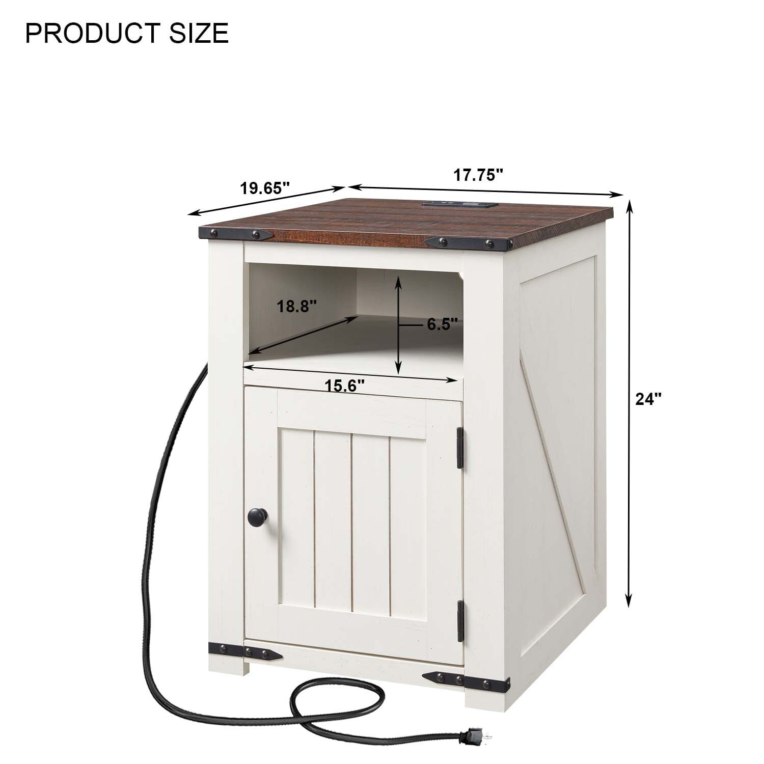 IFGET Farmhouse Nightstand with Charging Station, End Table with Banr Door Storage Cabinet & USB Ports & Power Outlets for Bedroom Living Room