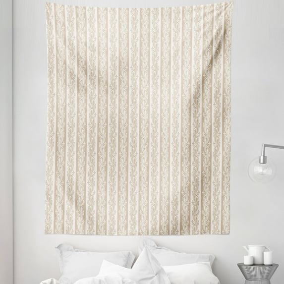 Victorian Tapestry, Victorian Swirls in Striped Pattern Baroque Style Renaissance Inspirations Image, Fabric Wall Hanging Decor for Bedroom Living Room Dorm, 5 Sizes, Cream Tan, by Ambesonne