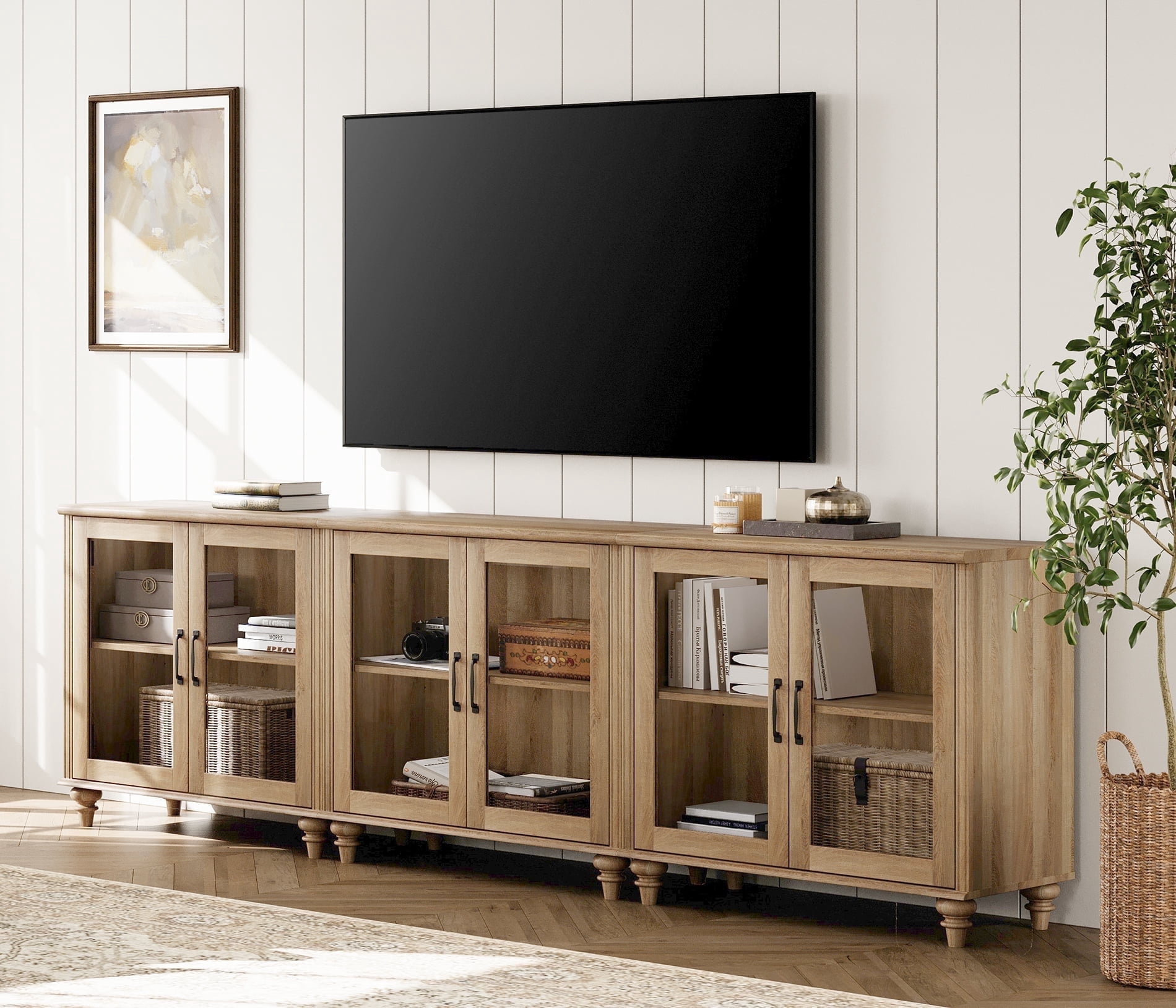 100" TV Stand with Glass Door, Wood TV Cabinet Entertainment Center for 75/80/85/90 Inch TV, 3-in-1 Kitchen Buffet Cabinet with Large Storage Cabinets for Dining Room & Living Room & Bedroom, Oak