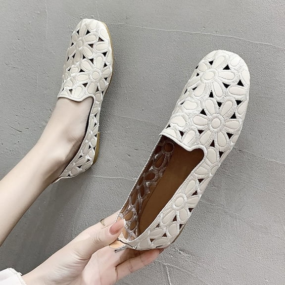 XUNKUSGA Womens Flats Comfortable Casual Round Toe Slip On Shoes Women Fashion Hollow-Out Flowers PU Leather Ballet Flats Shoes for Women,Beige,5.5