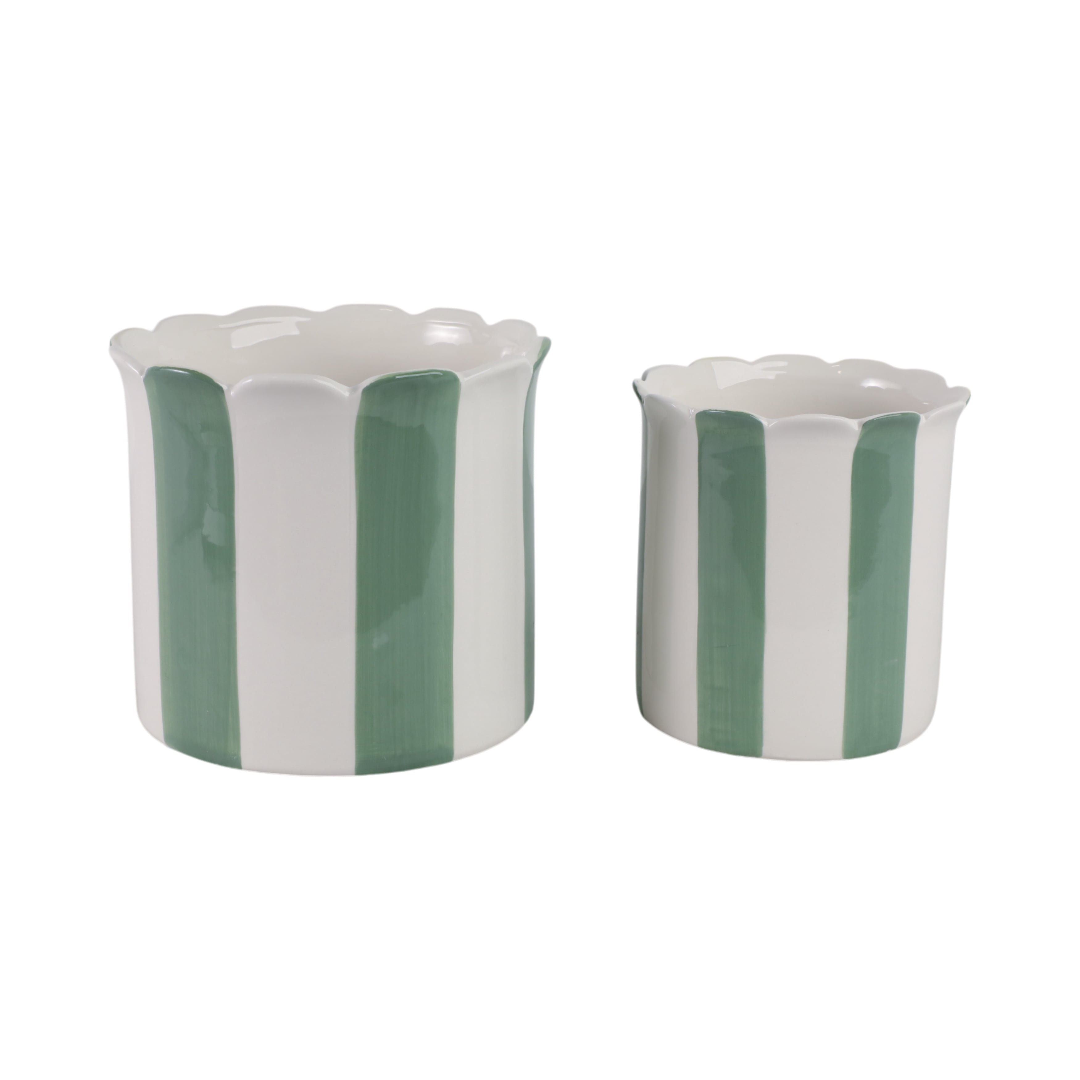 Ceramic Scalloped Striped Flower Pots for Home Decor - Decorative Planters for Indoor and Outdoor Plants - Plant Pots for Living Room and Garden Decor - Set of 2, 7", 6", Green & White