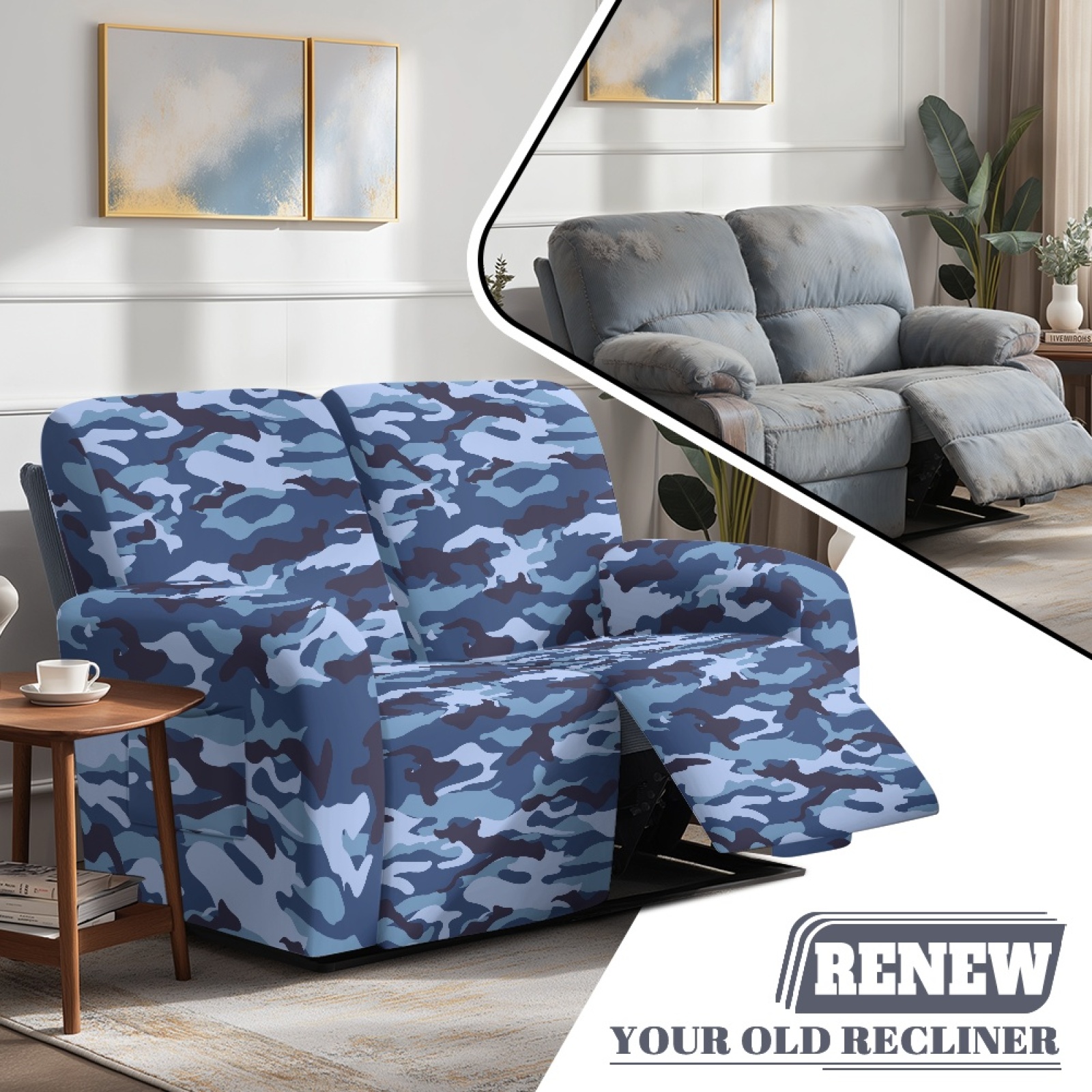 Xoenoiee Blue Camo Print Recliner Loveseat Slipcover, 6 Pieces Recliner Sofa Covers for 2 Seat Dual Reclining Loveseat Couch, Stretch Soft Jacquard Furniture Protector with Elasticity