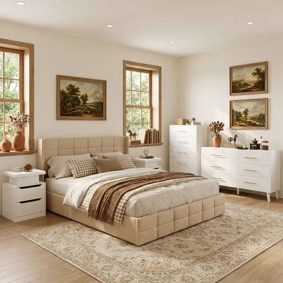 Five-Piece Bedroom Furniture Set: Queen size bed frame with headboard, two nightstands, six-drawer dresser, and wooden 5-drawer storage cabinet - Beige & White
