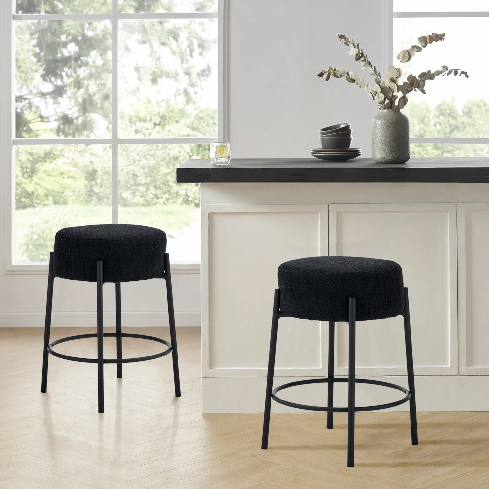 Miniyam Counter Height Bar Stools Set of 2,Boucle Kitchen Stools Upholstered Dining Chair Stools 24 Inch Height,Black
