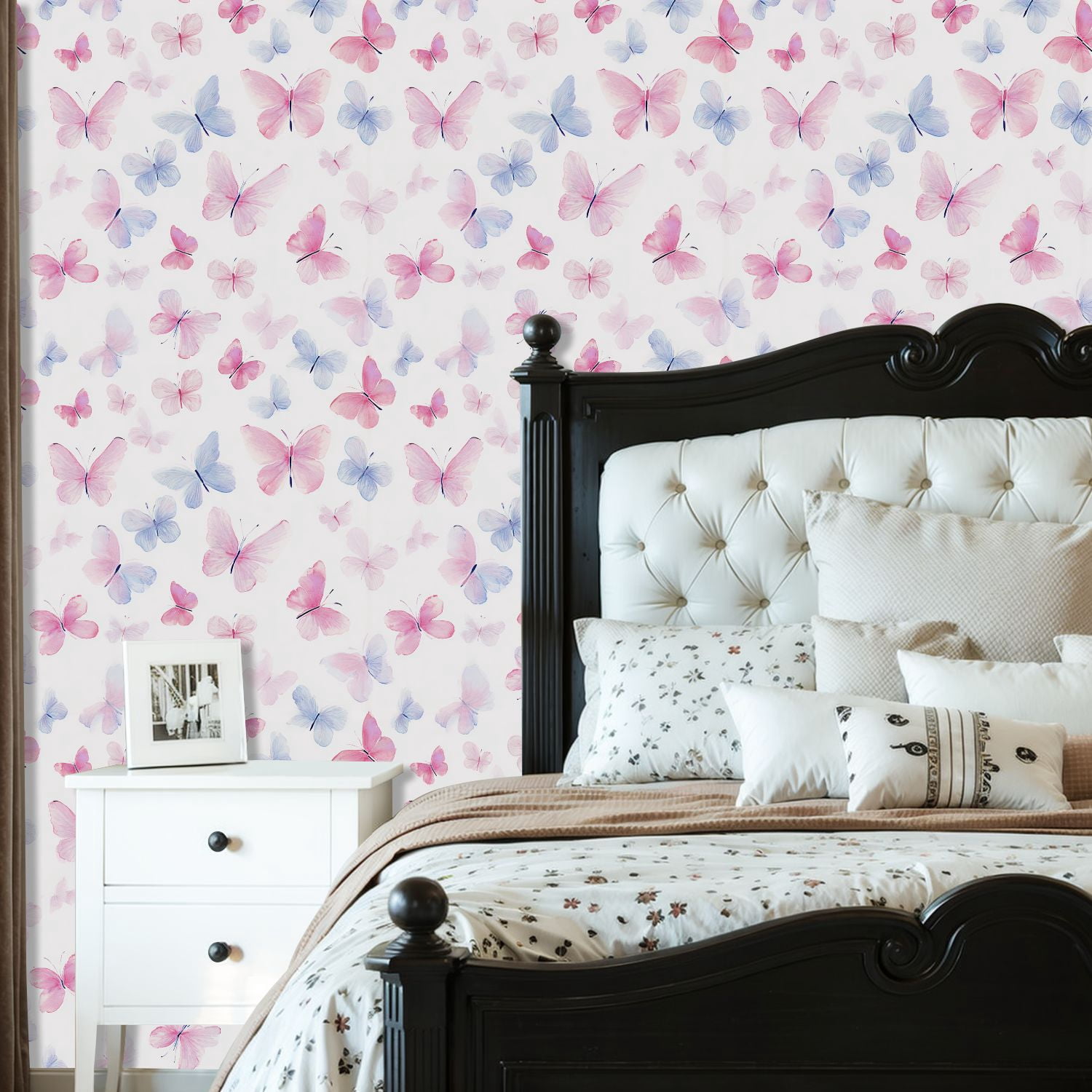 Peel and Stick Wallpaper Watercolor Butterflies Soft Pink Blue Tones White Wall Mural 23.6in x 9.8ft Self Adhesive Removable Wall Paper Renter Friendly Wallpaper for Nursery Bedroom Cabinets