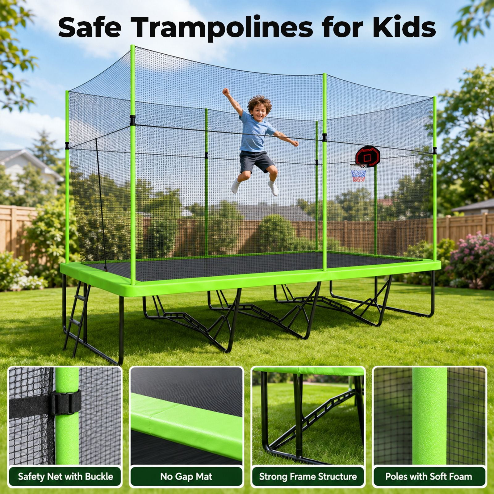 Alvantor 10x17 ft Rectangle Trampoline for Kids, Outdoor Trampolines with Basketball Board and Ladder for Gymnastics Green
