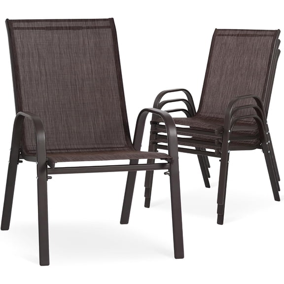 24.4" Wide Outdoor Stackable Chairs Set of 4, Stacking Patio Chairs with Textilene Fabric, Outside Furniture for Garden Backyard Balconie Poolside Deck, Brown