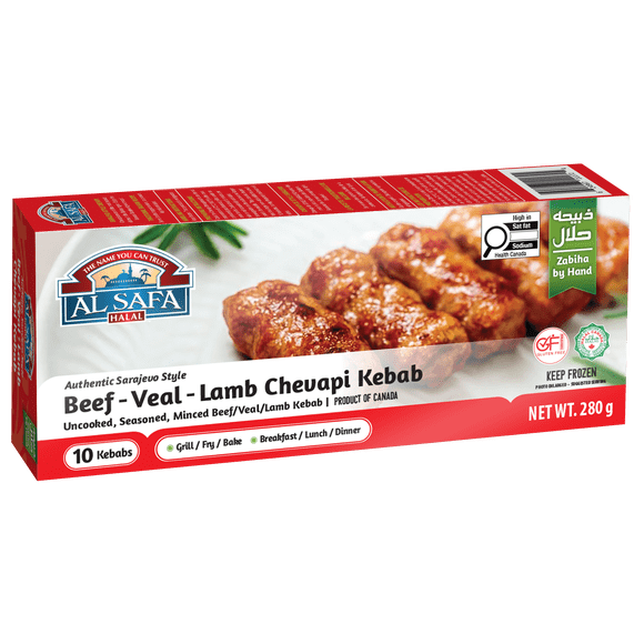Beef-Veal-Lamb Chevapi Kebab, Authentic Balkan-style halal minced beef/veal/lamb kebabs, seasoned to perfection and ready to grill, bake, or fry. Juicy, flavourful, and made with quality halal ingredients for a quick, delicious meal. g