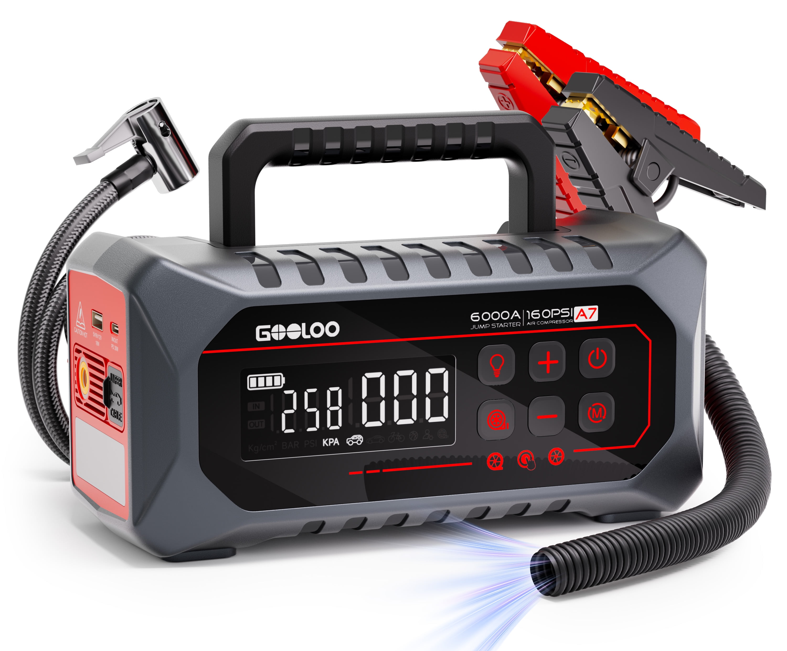 GOOLOO A7 Jump Starter with Air Compressor, 6000A 12-in-1 Jump Box for All Gas Engines & Up to 10L Diesel, 160 PSI Tire Inflator & Air Pump (Inflate/Deflate) with USB-C PD and LED Emergency Light