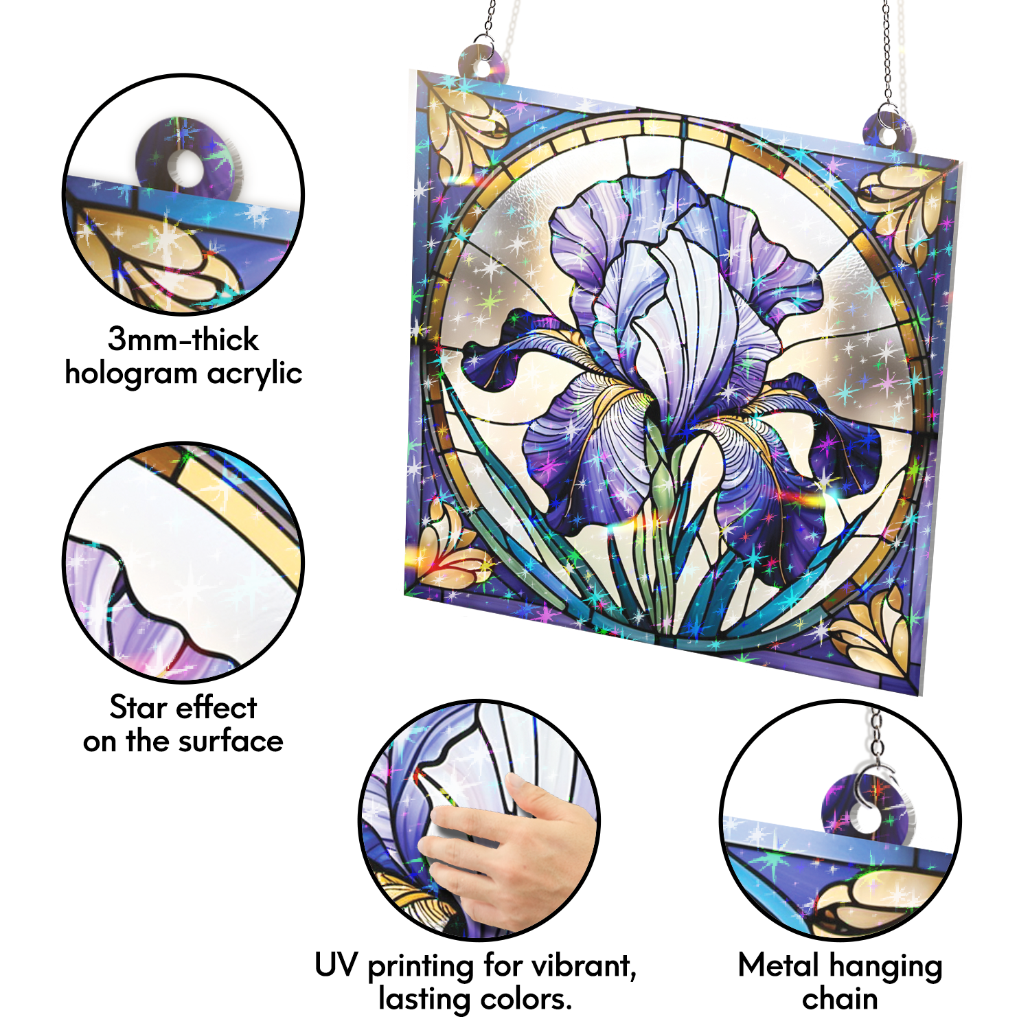 89Bloom Iris Stained Glass Hologram Ornament, Stained Glass Suncatcher Ornaments Home Decor, Holographic Ornaments