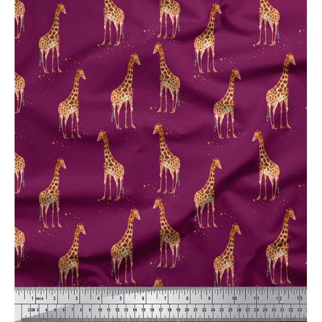 Soimoi Pink Poly Georgette Fabric Dot & Giraffe Animal Decor Fabric Printed BTY 52 Inch Wide