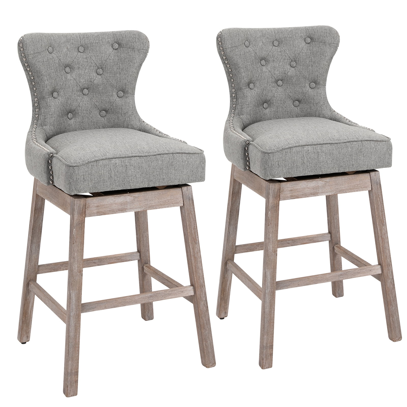 Light Grey HOMCOM Bar Stool Set of 2 Fabric Adjustable Height Armless Upholstered Counter Chairs with Swivel Seat